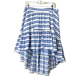 Caroline Constas Blue White Striped Ruffled High Low Skirt Size L